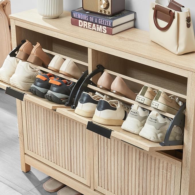 4-Flip Drawer Shoe Cabinet Narrow Entryway Rack, Oak
