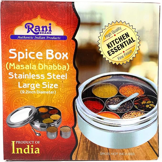 Rani Spice Box Stainless Steel Transparent Round Storage For Spices (Masala Dabba) 7 Compartments, with spoon (9.2in x 3in) ~ Packed in an attractive box, perfect for gifts!