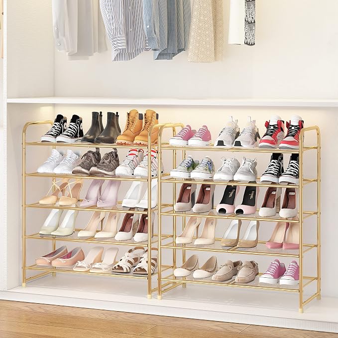 Simple Trending 5-Tier Stackable Shoe Rack, Expandable Shoe Shelf Gold