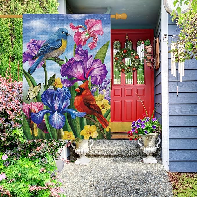Louise Maelys Welcome Spring House Flag 28x40 Double Sided Vertical, Burlap Large Cardinal Birds Irises Floral Yard House Outside Outdoor House Summer Seasonal Decoration
