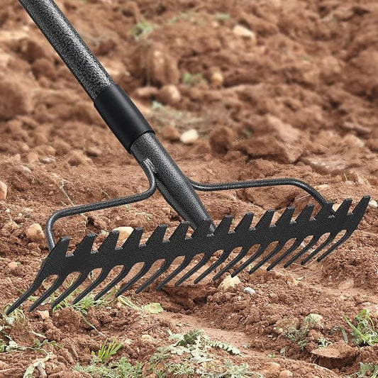 77'' Bow Rake Heavy Duty Garden Rake with Stainless Steel Handle,Tines Metal Head Rake Tool for Loosening Soil Gathering Leaf Leveling Lawn Farming Land Management Yarn Thatch Rake