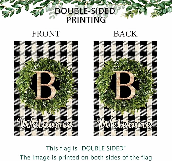 Baccessor Monogram Letter B Garden Flag 12.5 x 18 Inch, Buffalo Plaid Family Last Name Initial Boxwood Wreath Welcome Vertical Double Sided Small Flags for Outdoor Outside Decoration