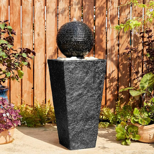 Glitzhome Outdoor Water Fountain, 31.75"H Modern Geometric Pedestal and Sphere Polyresin Waterfall Fountain, Outdoor Fountain with Pebbles, Pump and LED Light for Patio, Backyard, Garden, Deck(Black)