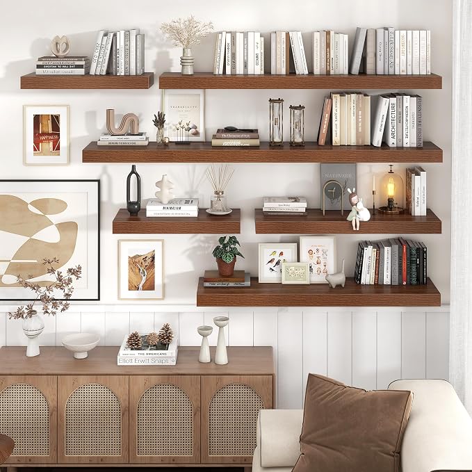48 Inch Floating Shelves for Wall, 12"D Wood Storage Shelves, Walnut Finish