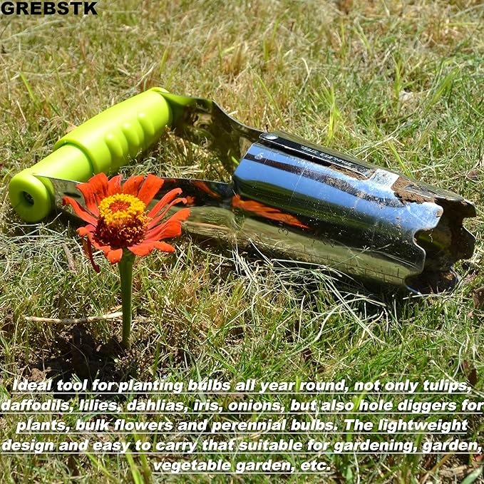 GREBSTK Sturdy Stainless Steel Gardening Bulb Transplanter Tool with Depth Mark and Soil Release Handle for Planting Bulbs