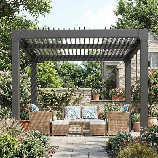 10x10 FT Louvered Pergola, Outdoor Aluminum Pergola with Adjustable Roof & Integrated Drainage System, Heavy Duty Hardtop Gazebo for Patio, Deck, Garden & Backyard