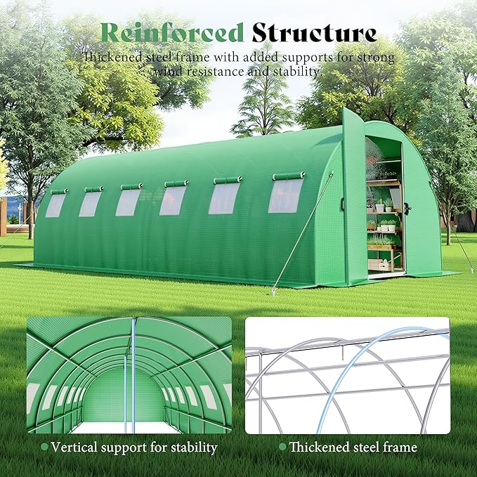AMERLIFE 20×10 FT Tunnel Greenhouse with Built-in Sprinkler System, Walk-in Greenhouse for Backyard Gardening, Heavy Duty Galvanized Steel Frame & Waterproof PE Cover, Green