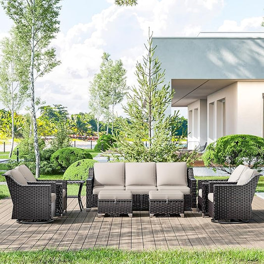 8 Pieces Wicker Patio Furniture, Luxury Outdoor Furniture with 2 Patio Swivel Chair, 2 Patio Chair, 3-Seater Sofa, 2 Patio Ottoman and 1 Side Table, Wide Armrest, Thickened Cushions