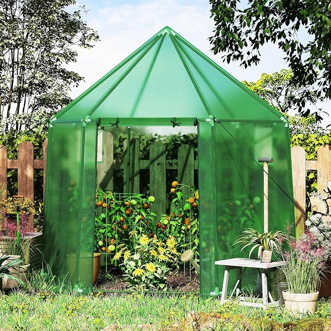 HAPPYGRILL 6.5 x 5.6 x 6.2 FT Greenhouse, Portable Outdoor Greenhouse w/ PE Cover, Rustproof PE-Coated Metal Frame, Roll-up Zippered Door, Windows, Greenhouses for Outdoors, Garden, Patio, Backyard