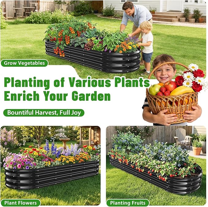 Oval Raised Garden Bed, 6 x 2 x 1FT, Galvanized Steel Planter Box with Wave-Shaped Metal Panels Painted for Outdoor Flower,Tree,Herb & Vegetable Garden (Black, 72X24X12 inches)
