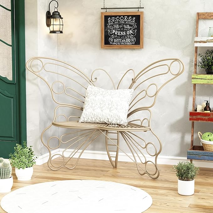 DIBRATY 50 Inches Outdoor Bench, Garden Bench with Sturdy Iron Metal Frame, Pretty Butterfly Bench Front Porch Bench for Porch,Lawn,Garden,Yard