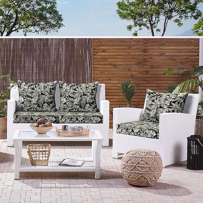 LVTXIII Outdoor Deep Seat Cushion Patio Seat and Back Cushion Set Seasonal Chair Cushion with Removable Cover and Adjustable Buckle for Home and Garden, 22"x22"x4", Tropical Leaf Black