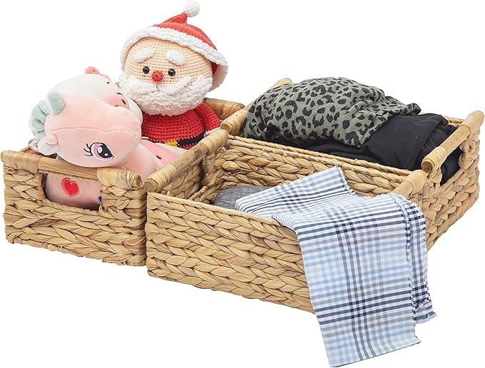 VATIMA Hyacinth Small Wicker Basket 11.6x8.1x4.9" - Bathroom Organizer, Wooden Handle, Decorative Storage