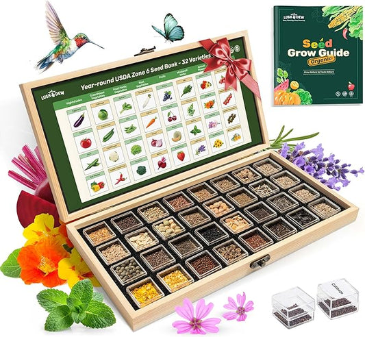 Lush&Dew Year-Round USDA Zone 6 Heirloom Survival Seed Kit, 32 Varieties 30,000+ Non-GMO Seeds for Planting Vegetables Herbs, Gardening Gifts for Women Men, Raised Beds, Indoor Outdoor Home Gardens