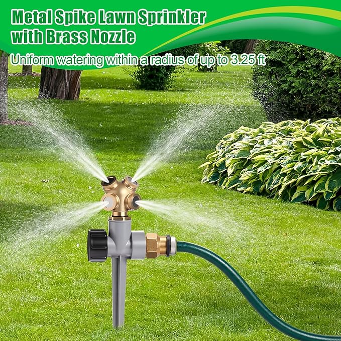 Tioncy 4 Pack Metal Lawn Sprinkler with Brass Nozzle, Heavy Duty Garden Spike Sprinkler Automatic Irrigation Tool for Lawn Garden Yard Greenhouse(Multi Nozzle,Silver)