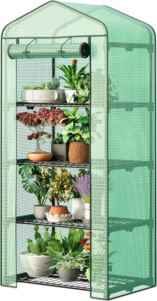 HOMGARDEN 4-Tier Mini Greenhouse Portable Plant Flower Shelf Tent w/PE Cover Roll-Up Zipper Door for Lawn Patio Garden Indoor Outdoors