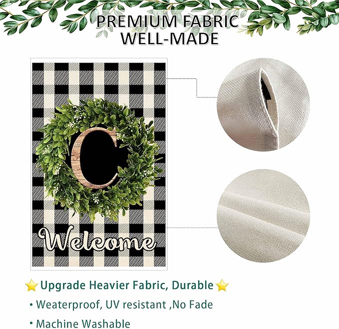 Baccessor Monogram Letter C Garden Flag 12.5 x 18 Inch, Buffalo Plaid Family Last Name Initial Boxwood Wreath Welcome Vertical Double Sided Small Flags for Outdoor Outside Decoration
