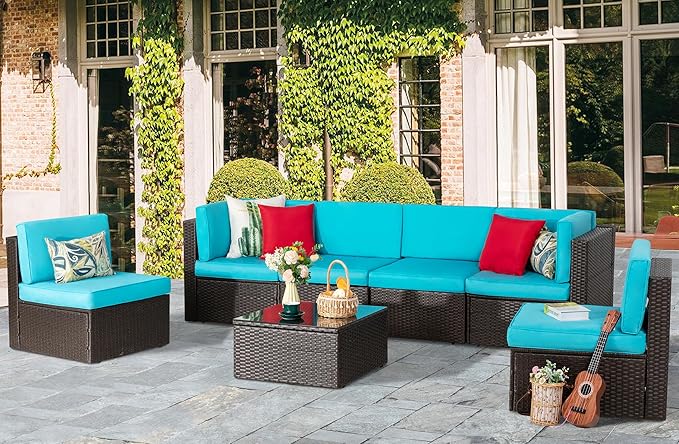 Vongrasig 8 Pieces Patio Furniture Set with 43" Fire Pit, Outdoor Couch Sectional Set, Small Conversation Set, 50,000 BTU Gas Fire Pit Propane Fire Table with Lid, Glass Wind Guard, Blue