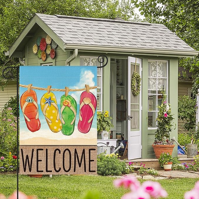 AVOIN colorlife Summer Beach Flip-flop Garden Flag 12x18 Inch Double Sided, Welcome Seasonal Holiday Burlap Yard Outdoor Decoration