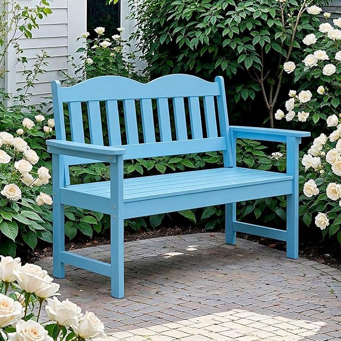 GarveeLife 2-Person Poly Lumber Garden Bench, Slatted Patio Loveseat, Weather-Resistant Outdoor Seating for Yard, Garden, Porch, Park or Backyard, Blue