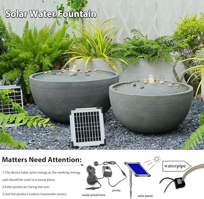 Tankana Solar Water Fountain Outdoor Garden Bubbler Water Feature Outdoor Fountains Solar Powered with Pebbles for Patio Deck Yard Home Decor Gray, 20 "L X 20" W X 11.5" H
