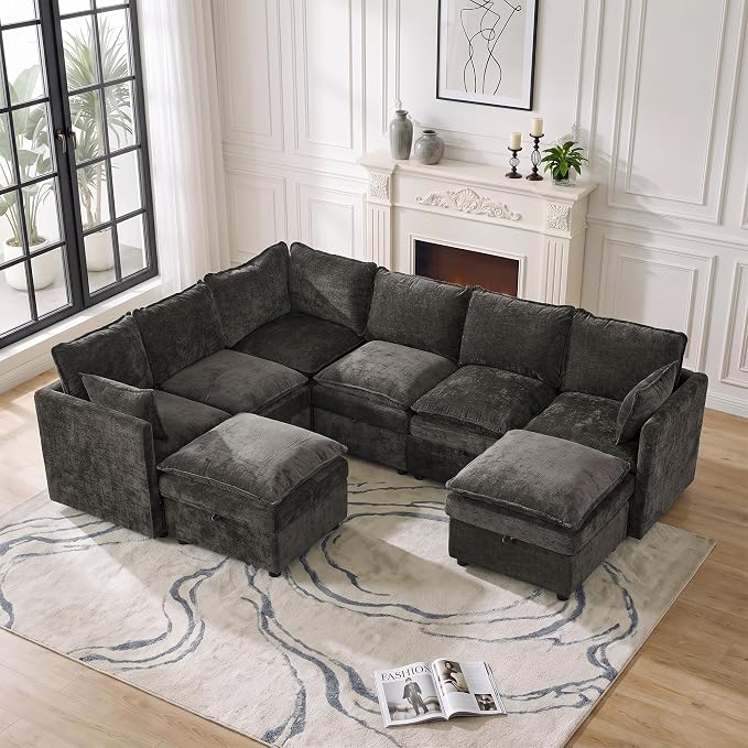 105" Storage V-Shaped Modular Sectional Sofa with 2 Ottomans, Dark Grey