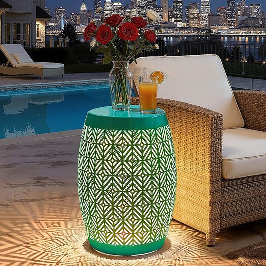 Large Side Table Outdoor,18" H LED Light Metal End Table with Geometric Cut-Out Design, Hollow Drum Coffee Accent Table Plant Stand with No Assembly & Weather-Resistant for Patio, Garden, Indoor