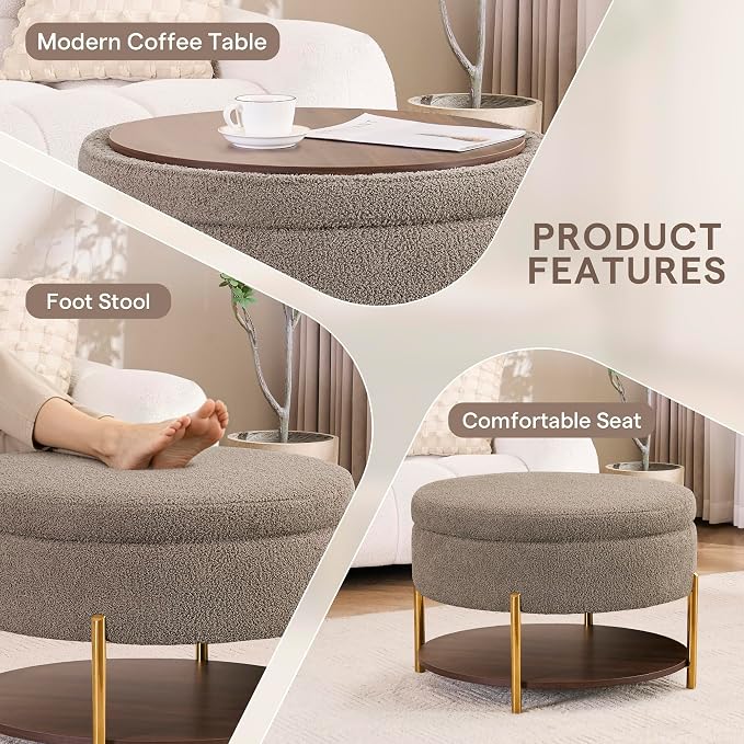 28.5 Inch Round Coffee Table Ottoman with Storgae