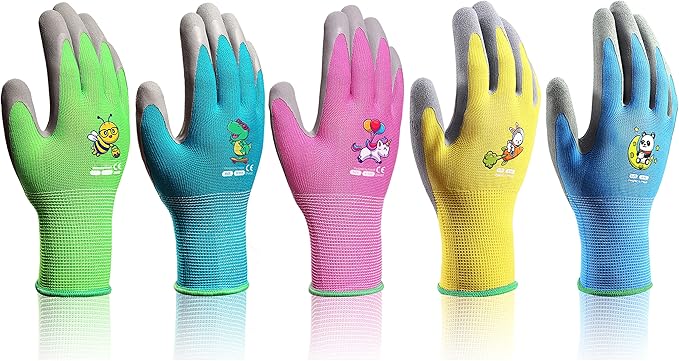 KDK 5 Pairs Kids Gardening Gloves Yard Work Gloves Children Soft Safety Rubber Coated Glove for Toddlers Youth Girls Boys Children (3-5yr S)