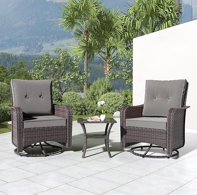 Kullavik 3 Pieces Patio Furniture Set,Outdoor Swivel Rocking Chairs Porch Furniture Patio Rattan Chairs with Table,, Grey