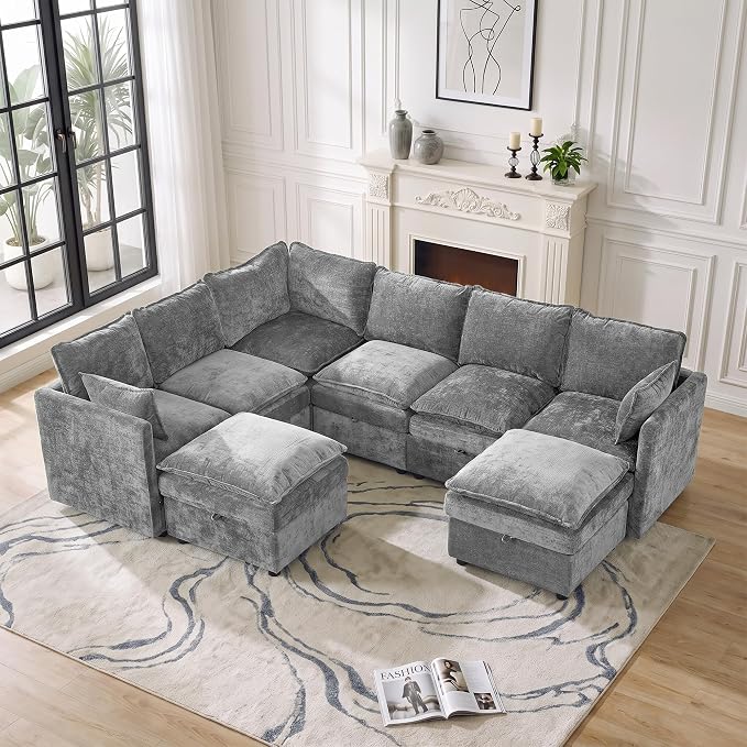 105" Storage V-Shaped Modular Sectional Sofa with 2 Ottomans, Light Grey