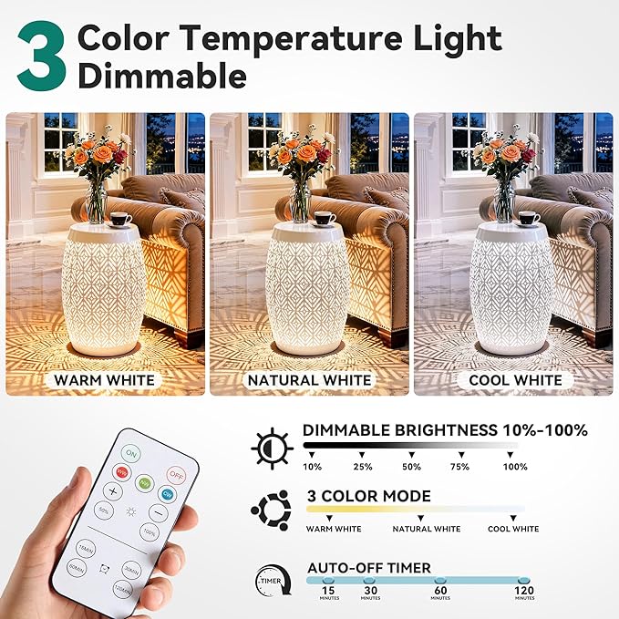 18" Cutout Metal Outdoor Side Table with 3-Mode LED Lights, Modern Decorative Drum End Table, Versatile Coffee Table/Garden Stool/Night Stand/Plant Stand for Patio, Living Room, Bedroom