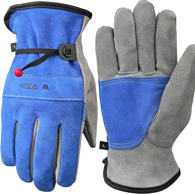 WZQH Leather Work Gloves for Men or Women. XX-Large Glove for Gardening, Tig/Mig Welding, Construction, Chainsaw, Farm, Ranch, etc. Cowhide, Cotton Lined, Utility, Firm Grip, Durable. Blue-Grey 2XL