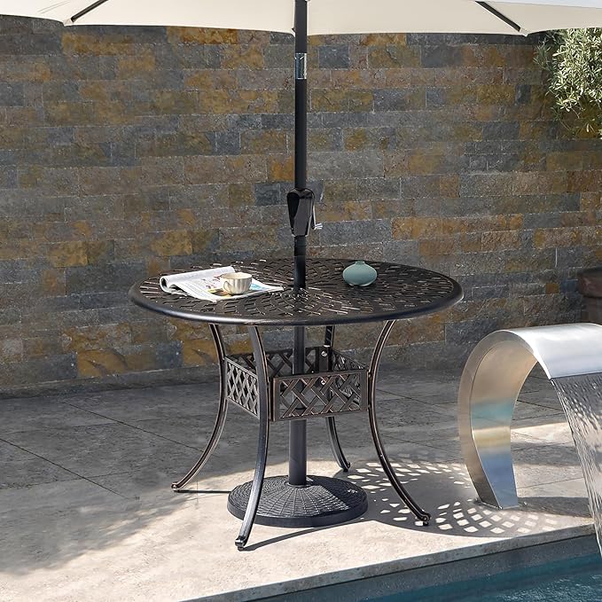 NUU GARDEN 42 Inch Outdoor Round Dining Table Cast Aluminum Tabletop with 2.24 Inch Umbrella Hole Patio Garden Backyard Balcony, Black with Gold-Painted Edges