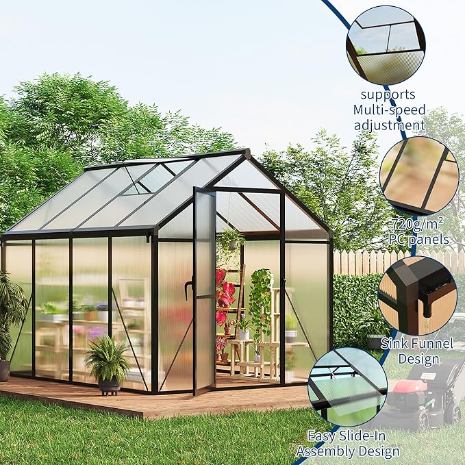 Garvee 6 x 8 ft Greenhouse, Greenhouses for Outside, Polycarbonate Greenhouse with Aluminum Frame, Lockable Door and Ajustable Roof Vent for Backyard, Green Houses for Outside Garden Backyard, Patio