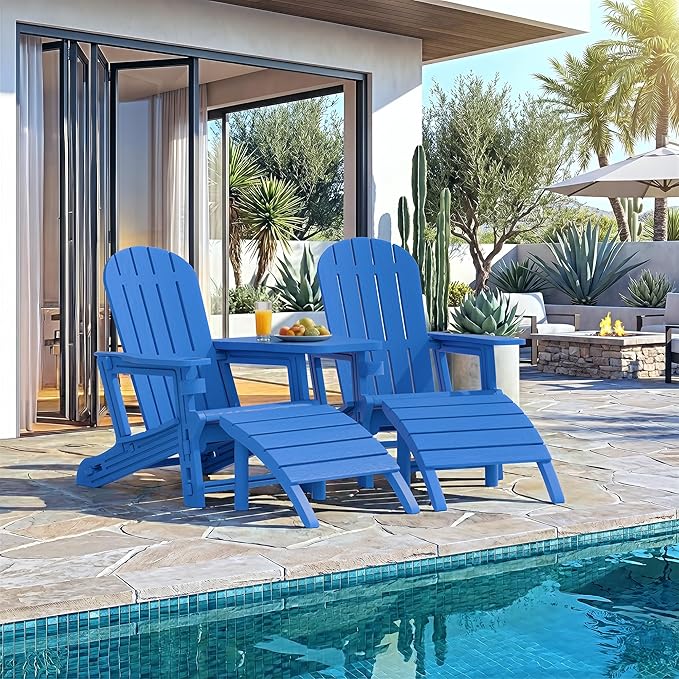 Vongrasig Adirondack Chairs Set of 2 with Removable Tabletop and Footrest, HDPE Plastic Outdoor Chair Set with Wooden Textured, Cup Holder for Patio, Poolside, Garden, Light Blue, 5 Pieces