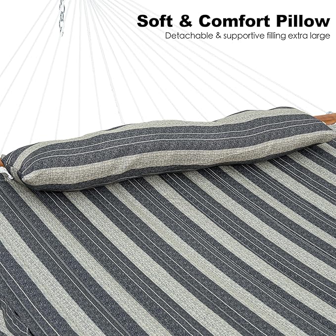 GAFETE Hammock 2 Person Quilted Fabric Hammocks for Outside, Double 12ft Hammocks with Spreader Bar, Large Removable Pillow, Storage Bag, Carabiners, Max 475 lbs Capacity (Mountain Mist Gray)