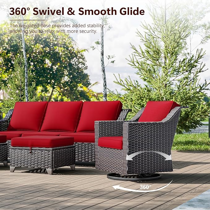8 Pieces Wicker Patio Furniture, Luxury Outdoor Furniture with 2 Patio Swivel Chair, 2 Patio Chair, 3-Seater Sofa, 2 Patio Ottoman and 1 Side Table, Wide Armrest, Thickened Cushions