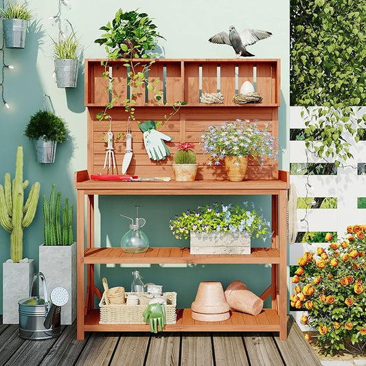 RUNNA 65" Large Wooden Farmhouse Rustic Outdoor Potting Bench Table, Patio Workstation, Garden Potting Bench with 4 Storage Shelves and Side Hook (Natural#023)