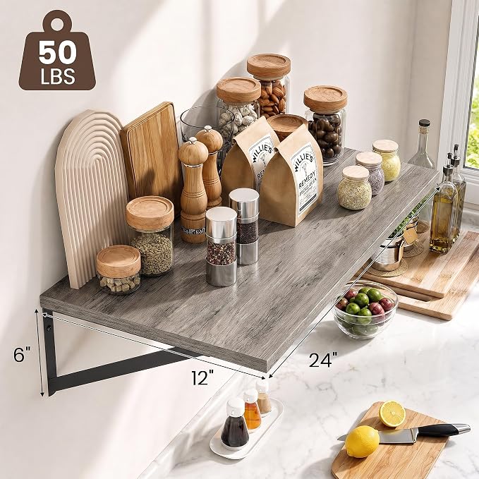 Dreamland Wall Mounted Floating Shelves Set of 2, 24x12, Grey