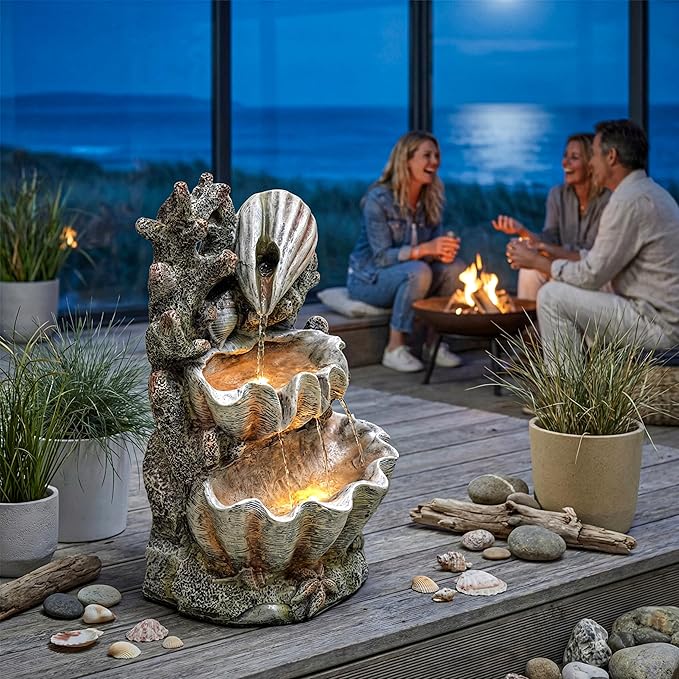 19-Inch Outdoor Water Fountain, 3-Tier Indoor & Outdoor Coral & Seashell Resin Waterfall Fountain with 2 LED Lights, Ocean Themed Water Feature for Garden, Patio, Yard, Balcony, Deck in Pink