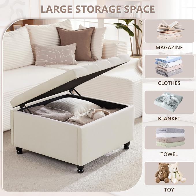 30" Large Square Ottoman with Storage, Fabric Ottoman Coffee Table, Beige | Tufted Upholstered Ottoman for Living Room, Oversized Square Storage Ottoman for Bedroom and Entryway, Solid Wood Frame