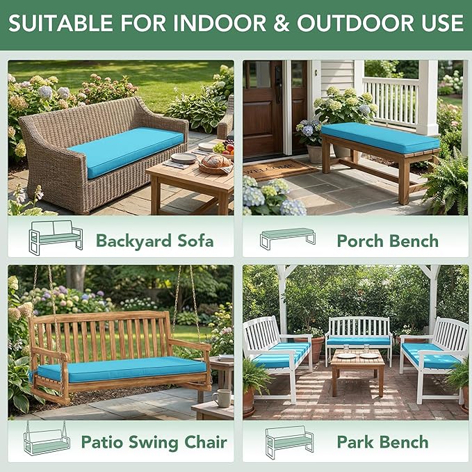Summsun Outdoor Bench Cushion: Waterproof and Fade Resistant Patio Furniture Cushions - Non-Slip Bench Pad Cushion with Removable Cover for Garden Swing Porch Sofa Settee, 45 x 18 Inch, Teal