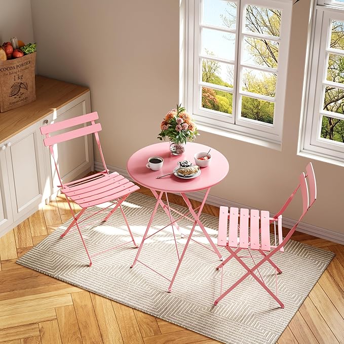 GarveeLife 3-Piece Folding Bistro Set, Foldable Patio Furniture Set with Premium Frame, Outdoor Bistro Table and Chairs Set of 2 for Patio, Garden and Balcony, Pink
