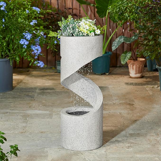 Glitzhome Outdoor Water Fountain, 31.25" H Modern Faux Terrazzo Spiral Shaped Outdoor Fountain with Pump and LED Lights,Polyresin Waterfall Fountain Water Feature for Garden, Patio, Porch Decor