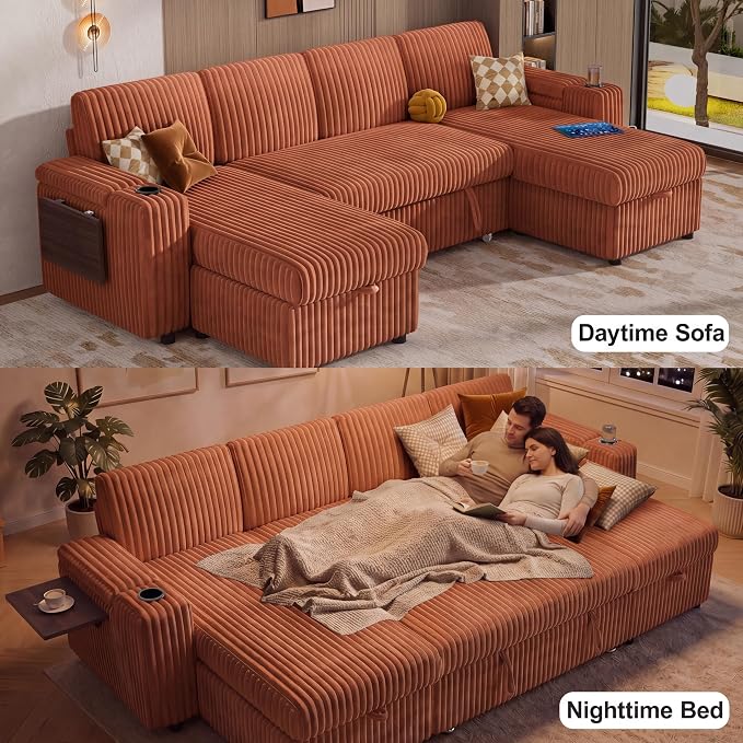 Vipbear 108" Modular Sectional Sleeper Sofa with Pull Out Bed, 4 Seat Plush Corduroy U Shaped Couch with USB Ports|Cup Holders|Side Table|Storage Chaise Armrests, Tool Free Assembly, Orange