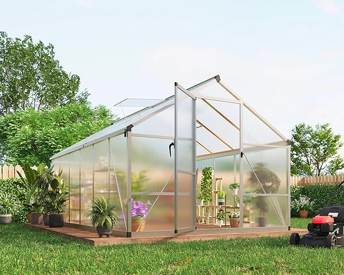 8x12 FT Greenhouse for Outdoors, Polycarbonate Greenhouse with Roof Vent, Ground Nails, Lockable Push Door, Aluminum Large Walk-in Green House for Outside Garden Backyard, Patio, Lawn, Silver