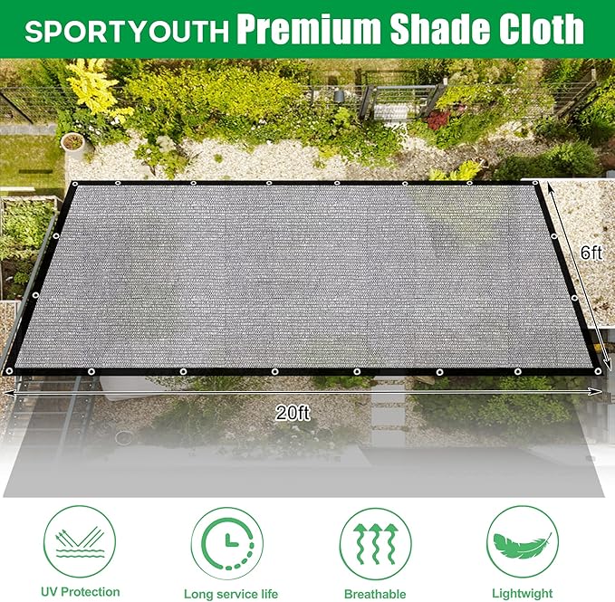 SPORTYOUTH 40% Shade Cloth for Garden, 6ft x 20 ft Mesh Tarp with Grommets, Black UV Resistant Outdoor Sunblock Shade Netting Cover for Greenhouse, Plants Vegetables Growing, Patio, Chicken Coop