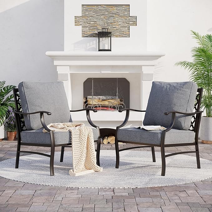 SUNSHINE VALLEY Metal Patio Chairs Set of 2 with 5.75" Extra Thick Cushion, 2 Pieces High Back Outdoor Patio Chairs All Weather Outdoor Furniture Seating for Deck Backyard Balcony Front Porch, Gray