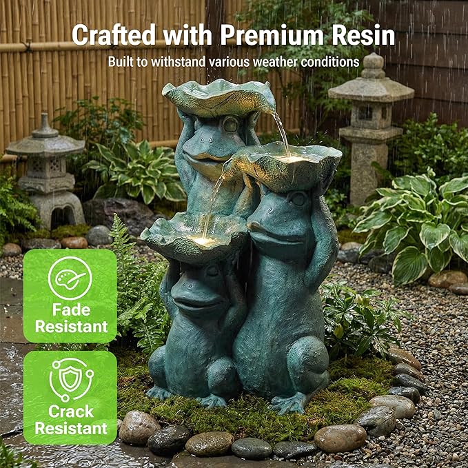 26-Inch Outdoor Water Fountain, 3-Tier Funny Stacked Frogs Statue Resin Waterfall Fountain with 2 LED Lights, Cascading Water Feature for Garden, Patio, Yard, Deck, Lawn, Porch in Green